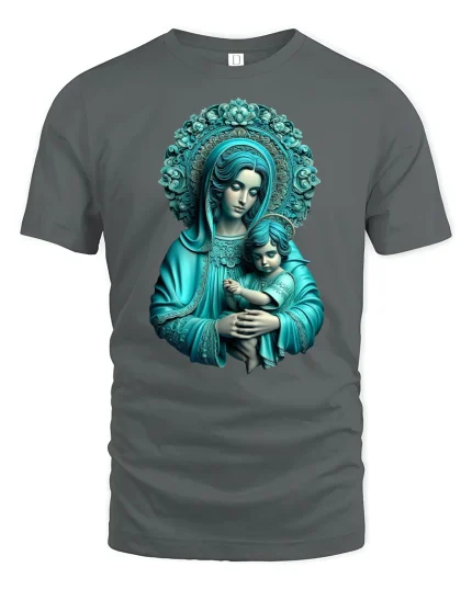 Holy Mother and Child Sacred Art T-Shirt - gray t-shirt on white background