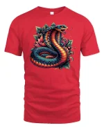 Vibrant Cobra Snake Floral Fusion T-Shirt - red t-shirt on white background