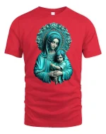 Holy Mother and Child Sacred Art T-Shirt - red t-shirt on white background