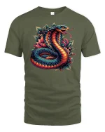 Vibrant Cobra Snake Floral Fusion T-Shirt - military green t-shirt on white background