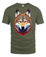 Tribal Spirit Wolf Head Vibrant Art T-Shirt - military green t-shirt on white background