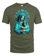 Holy Mother and Child Sacred Art T-Shirt - military green t-shirt on white background