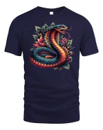 Vibrant Cobra Snake Floral Fusion T-Shirt - navy t-shirt on white background