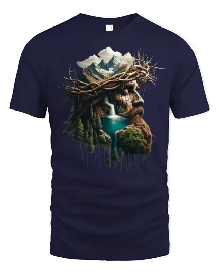 Nature Jesus Crown of Thorns Waterfall T-Shirt - navy t-shirt on white background