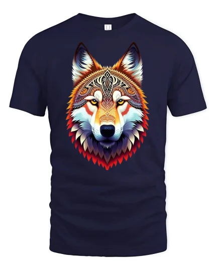 Tribal Spirit Wolf Head Vibrant Art T-Shirt - navy t-shirt on white background