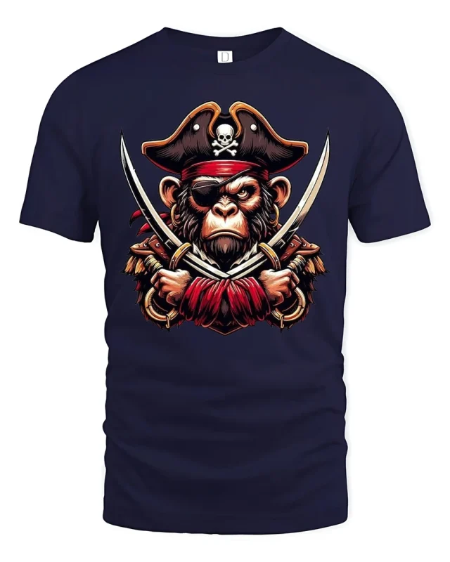 Pirate Monkey Crossed Swords T-Shirt - navy t-shirt on white background