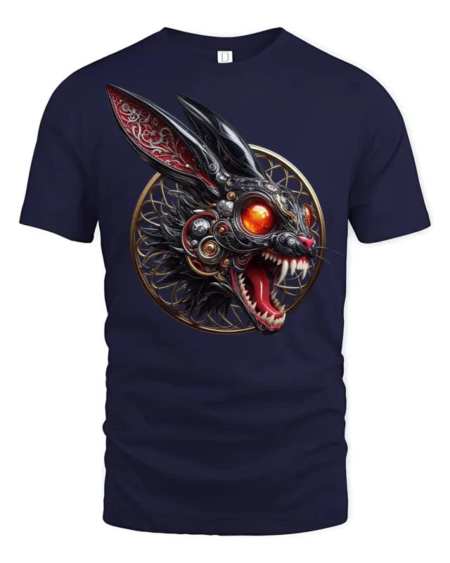 Cyber Demon Bunny Fiery Eyes Mecha Art T-Shirt - navy t-shirt on white background