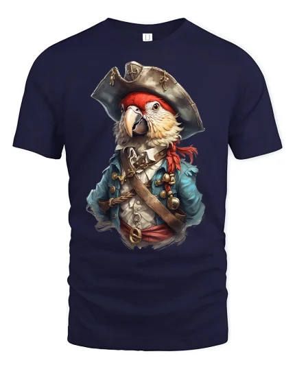 Pirate Parrot Captain Adventure Funny T-Shirt - navy t-shirt on white background