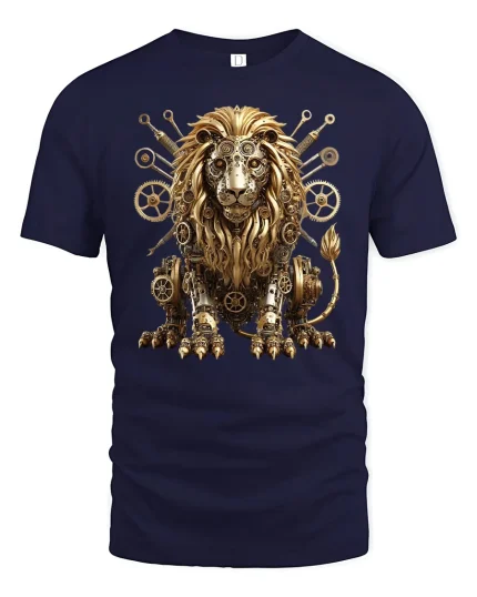 Steampunk Lion Gear Machine Power T-Shirt - navy t-shirt on white background