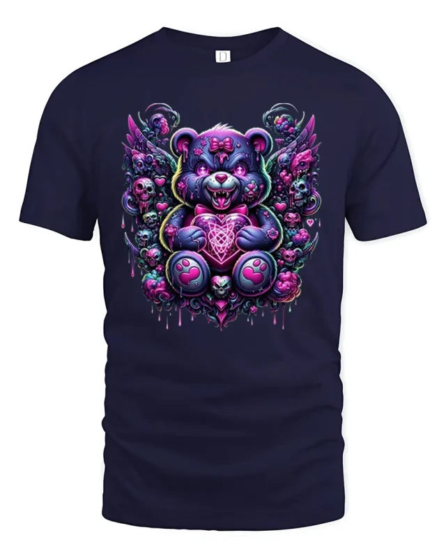 Gothic Cute Demon Teddy Neon T-Shirt - navy t-shirt on white background