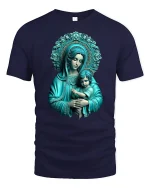 Holy Mother and Child Sacred Art T-Shirt - navy t-shirt on white background