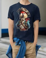 Pirate Parrot Captain Adventure Funny T-Shirt - model wearing Navy T-shirt, hands in pockets, denim shirt at waist