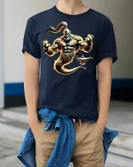 Fiery Genie Lamp Spirit Mythical Power T-Shirt - model wearing Navy T-shirt, hands in pockets, denim shirt at waist