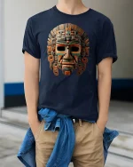 Ancient Tribal Warrior Mask Art T-Shirt - model wearing Navy T-shirt, hands in pockets, denim shirt at waist