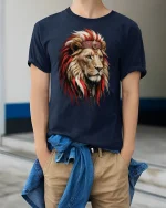 Majestic Lion King Tribal Headdress T-Shirt - model wearing Navy T-shirt, hands in pockets, denim shirt at waist