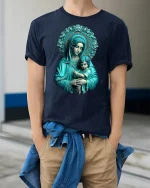 Holy Mother and Child Sacred Art T-Shirt - model wearing Navy T-shirt, hands in pockets, denim shirt at waist