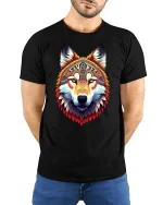 Tribal Spirit Wolf Head Vibrant Art T-Shirt - model with hands behind back, wearing Black T-shirt and blue jeans