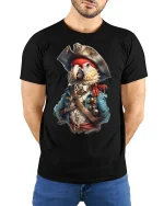 Pirate Parrot Captain Adventure Funny T-Shirt - model with hands behind back, wearing Black T-shirt and blue jeans