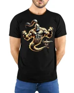 Fiery Genie Lamp Spirit Mythical Power T-Shirt - model with hands behind back, wearing Black T-shirt and blue jeans