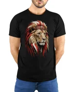 Majestic Lion King Tribal Headdress T-Shirt - model with hands behind back, wearing Black T-shirt and blue jeans