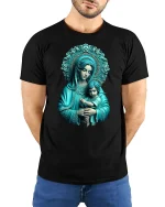 Holy Mother and Child Sacred Art T-Shirt - model with hands behind back, wearing Black T-shirt and blue jeans