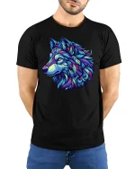 Colorful Neon Wolf Head Artistic Spirit Tee - model with hands behind back, wearing Black T-shirt and blue jeans