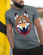 Tribal Spirit Wolf Head Vibrant Art T-Shirt - model leaning on yellow-black pole, wearing Gray T-shirt, hand in pocket
