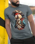 Pirate Parrot Captain Adventure Funny T-Shirt - model leaning on yellow-black pole, wearing Gray T-shirt, hand in pocket