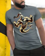 Fiery Genie Lamp Spirit Mythical Power T-Shirt - model leaning on yellow-black pole, wearing Gray T-shirt, hand in pocket