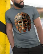 Ancient Tribal Warrior Mask Art T-Shirt - model leaning on yellow-black pole, wearing Gray T-shirt, hand in pocket