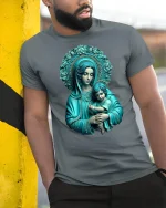 Holy Mother and Child Sacred Art T-Shirt - model leaning on yellow-black pole, wearing Gray T-shirt, hand in pocket