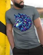 Colorful Neon Wolf Head Artistic Spirit Tee - model leaning on yellow-black pole, wearing Gray T-shirt, hand in pocket