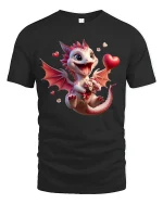 Cute Valentine Dragon with Heart Gift Love Art T-Shirt - black t-shirt on white background