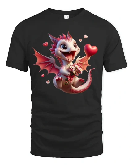 Cute Valentine Dragon with Heart Gift Love Art T-Shirt - black t-shirt on white background