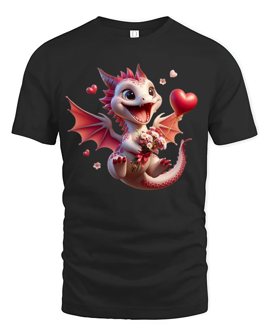 Cute Valentine Dragon with Heart Gift Love Art T-Shirt - 1 Cute Valentine Dragon with Heart Gift Love Art T-Shirt - black t-shirt on white background