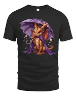 Cute Little Dragon with Purple Umbrella Art T-Shirt - black t-shirt on white background