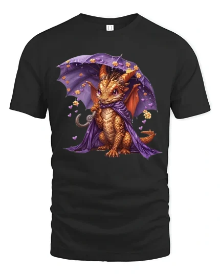Cute Little Dragon with Purple Umbrella Art T-Shirt - black t-shirt on white background