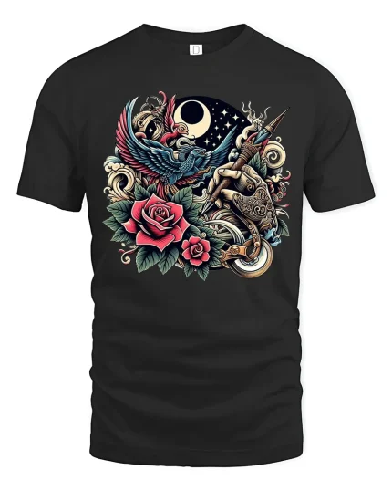 Vintage Tattoo Art Phoenix Rose and Moon Graphic T-Shirt - black t-shirt on white background