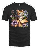 Cute Kitten in Gift Box Floral Art Kawaii T-Shirt - black t-shirt on white background