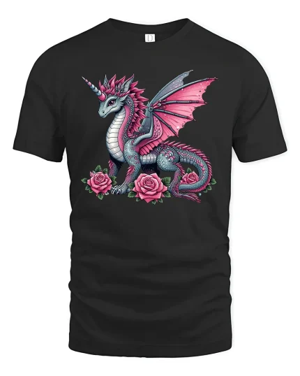 Elegant Pink Rose Dragon Fantasy Art Graphic T-Shirt - black t-shirt on white background