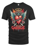 Garage Heart Engine Wings Mechanic Art Graphic T-Shirt - black t-shirt on white background