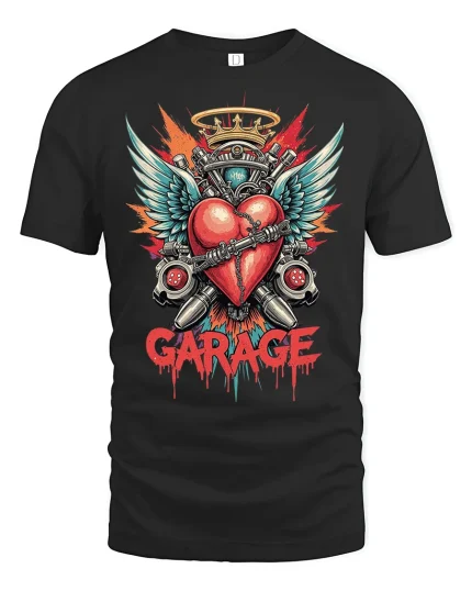 Garage Heart Engine Wings Mechanic Art Graphic T-Shirt - black t-shirt on white background