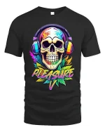 Neon Skull Headphones Pleasure Graphic Art T-Shirt - black t-shirt on white background