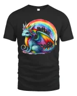 Cute Rainbow Dragon Fantasy Art Colorful Graphic T-Shirt - black t-shirt on white background