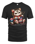 Cute Knitting Cat Rainbow Yarn Art Funny Graphic T-Shirt - black t-shirt on white background
