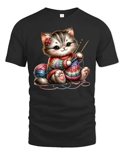 Cute Knitting Cat Rainbow Yarn Art Funny Graphic T-Shirt - black t-shirt on white background