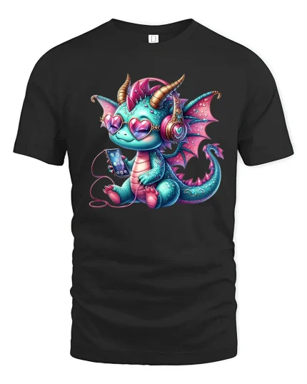 Cute Music Dragon with Headphones Fun Art T-Shirt - black t-shirt on white background