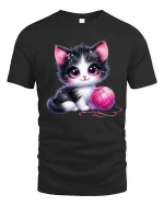 Cute Black and White Kitten with Pink Yarn Art T-Shirt - black t-shirt on white background