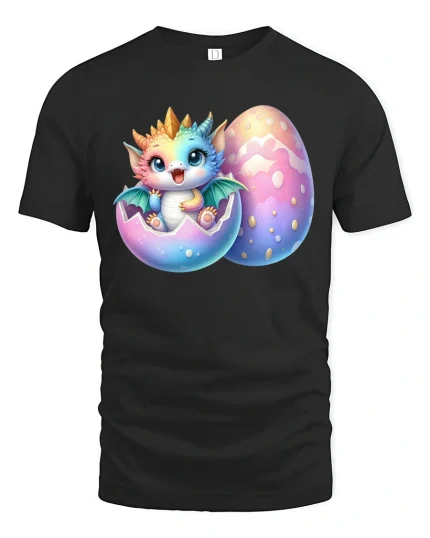 Cute Baby Dragon Hatching from Egg Fantasy Art T-Shirt - black t-shirt on white background