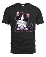 Cute Black and White Kitten with Yarn Ball Art T-Shirt - black t-shirt on white background